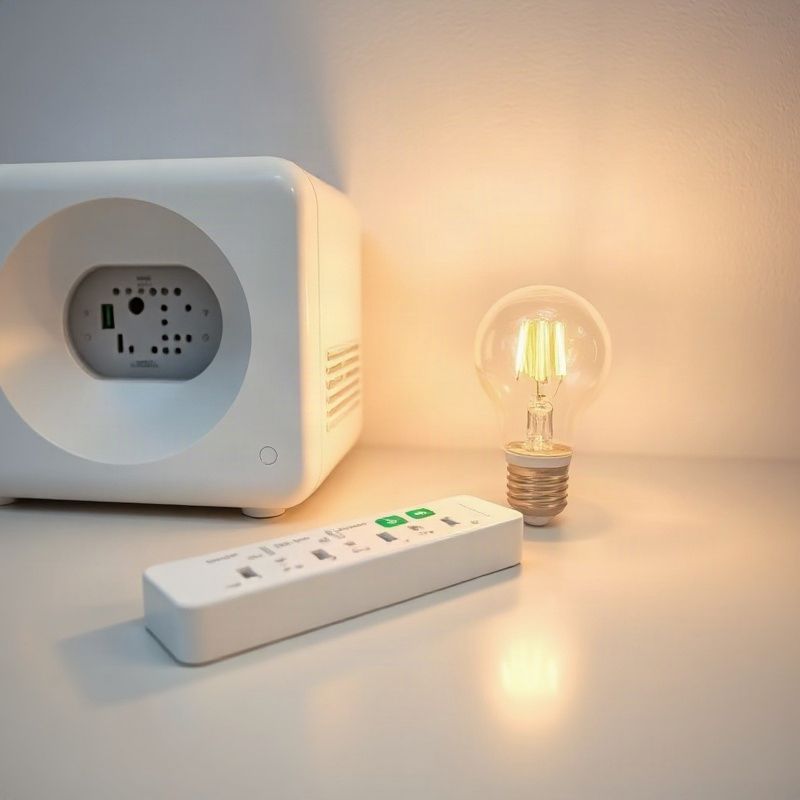 Domácí spotřebiče s prodlužovacím kabelem a LED žárovkou na čistém povrchu